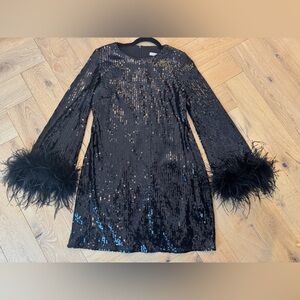 Black Sequin Top with Feather Cuffs